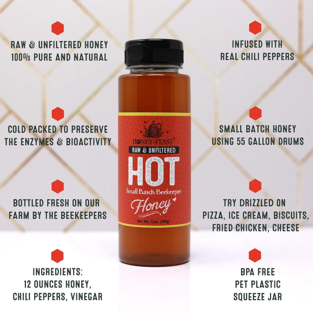HONEY FEAST Hot Honey 12OZ Jars (Pack of 3) - Exquisite Spicy and Sweet Sauce Combo, Multi-Pack Hot Honey for Culinary Adventures, A Must-Have for Spicy Gourmet Gift Sets
