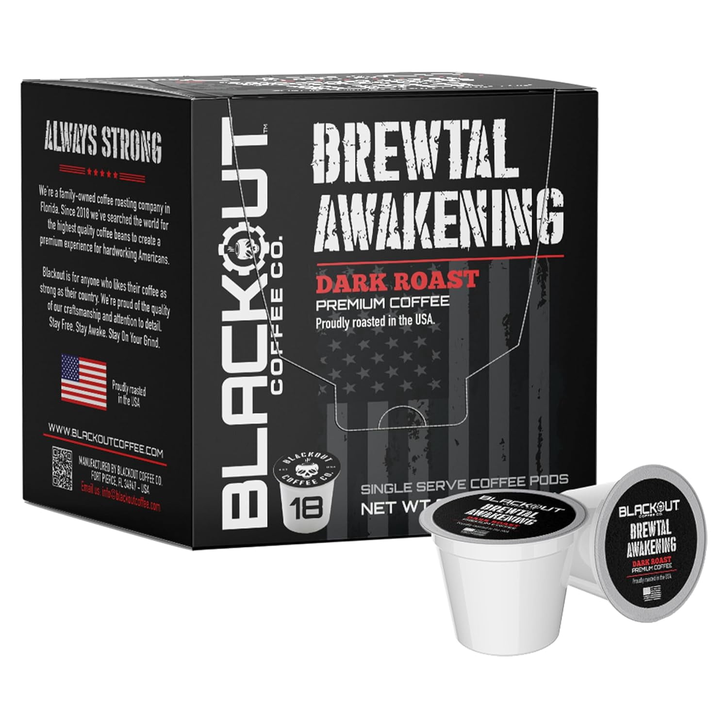 Blackout Coffee Brewtal Awakening Dark Roast Coffee Pods, Bold Rich Flavor, High Caffeine Coffee, K-Cup Compatible Single Serve Pods, 18 Count, Roasted in USA