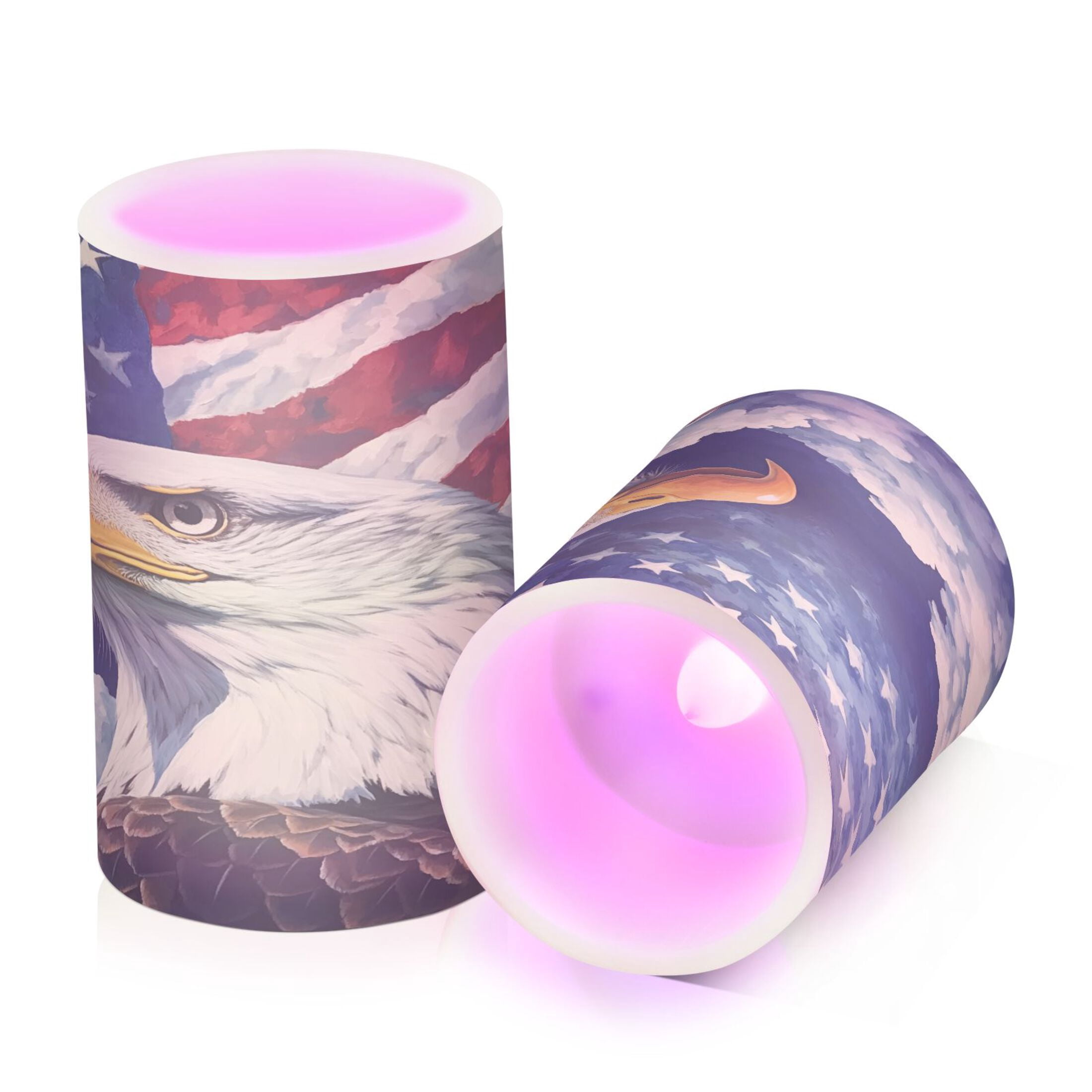 Flickering Flameless LED Candles set of 2 Battery Operated 18-Key Remotes Timer Halloween Fall Decor American Flag and Eagle D3''xH4''5''