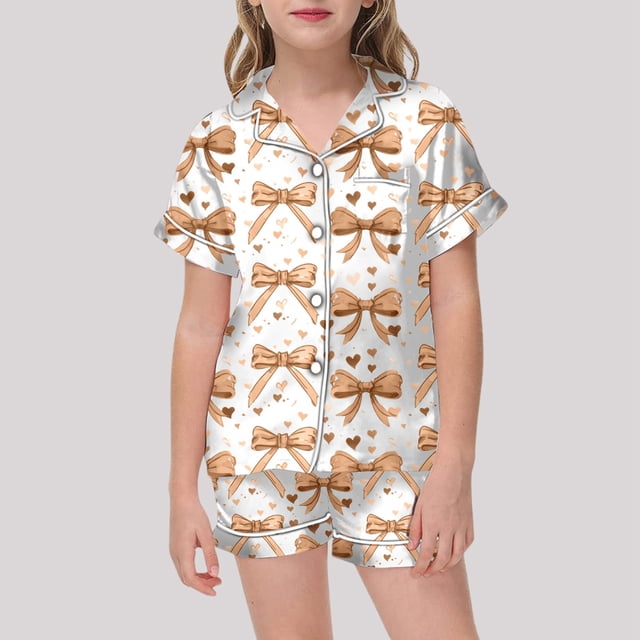 MKLEKYY Pijama Estampado de Niña, Manga Corta, Botones, Top y Pantalones Cortos, conjunto de Pijama para Casa
