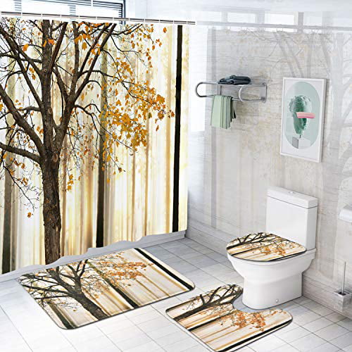 Details about   4Pcs Waterproof Shower Curtain Set Non-Slip Bath Mat Rug Toilet Lid Cover Decor 