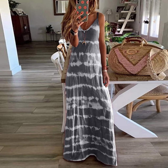 Fankiway Robe Longue Maxi Décontractée Aguichant à Rayures Imprimées Col en V pour Femmes Mode Vacances Été Robes de Plage Grande Taille pour Femmes