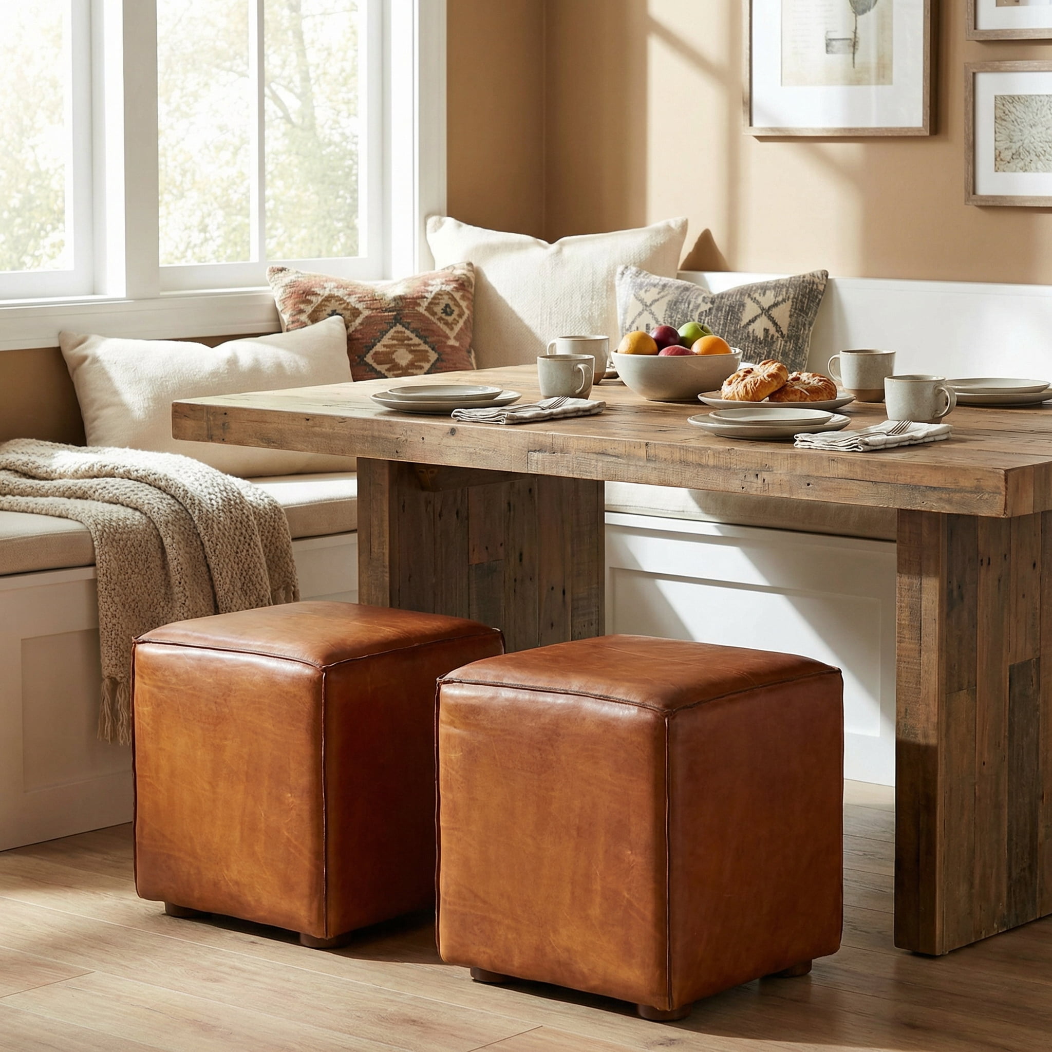 Bare Decor Sands Genuine Leather Cube Ottoman, Saddle Brown