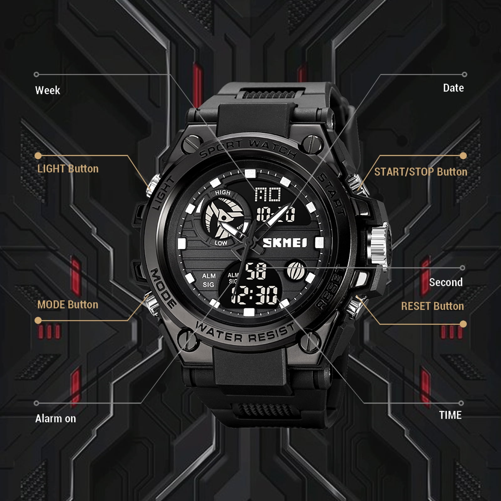 SKMEI Mens Digital Watch Sport Waterproof Watch Analog Military Tactical Watches LED Backlight Alarm Stopwatch Wrist Big Face Watches