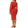 thumbnail image 3 of INSPIRE CHIC Robe pour Femme en Tricot à Col Rond Manches Lanterne 3/4 Ceinturée Ourlet Plissé Robes TP Orange Rouge, 3 of 6