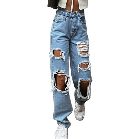 

Huakaishijie Ripped Denim Pants for Women High Waisted Baggy Boyfriend Jeans Straight Wide Leg Pants