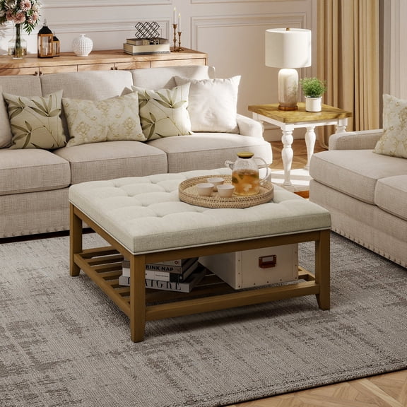 Square Upholstered Ottoman Coffee Table with Storage Shelf, Linen Fabric, Tufted Top, 31.9"x31.9", Ivory