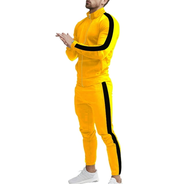 Innerwin Tracksuit Stand Collar Men Sweatsuits Running Zip Up Comfy 2 Piece Jogging Set Yellow Black L