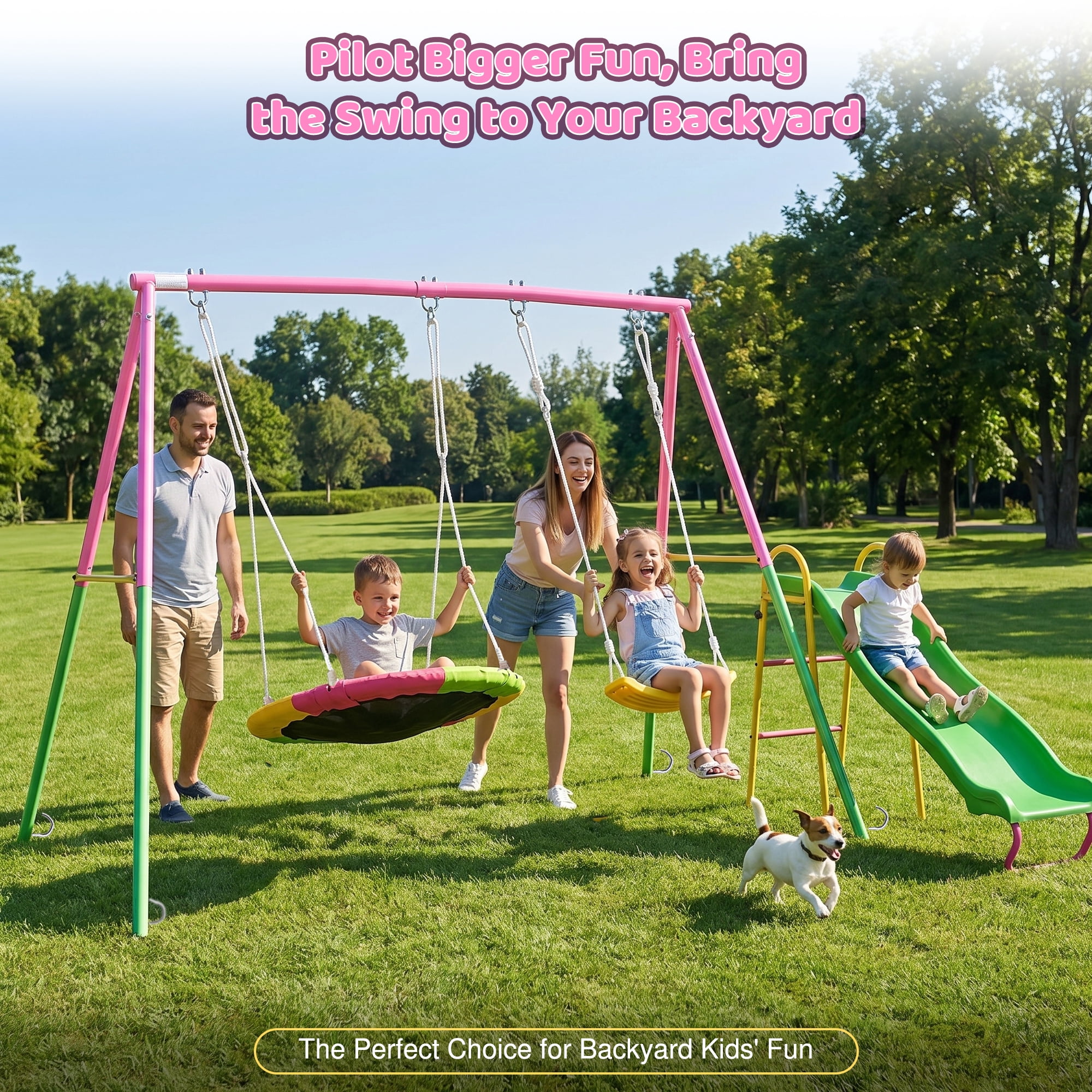 Swing Sets for Backyard with Kids Slide, Outdoor Heavy-Duty Metal Playset 3 in 1 Swing Set with Slide