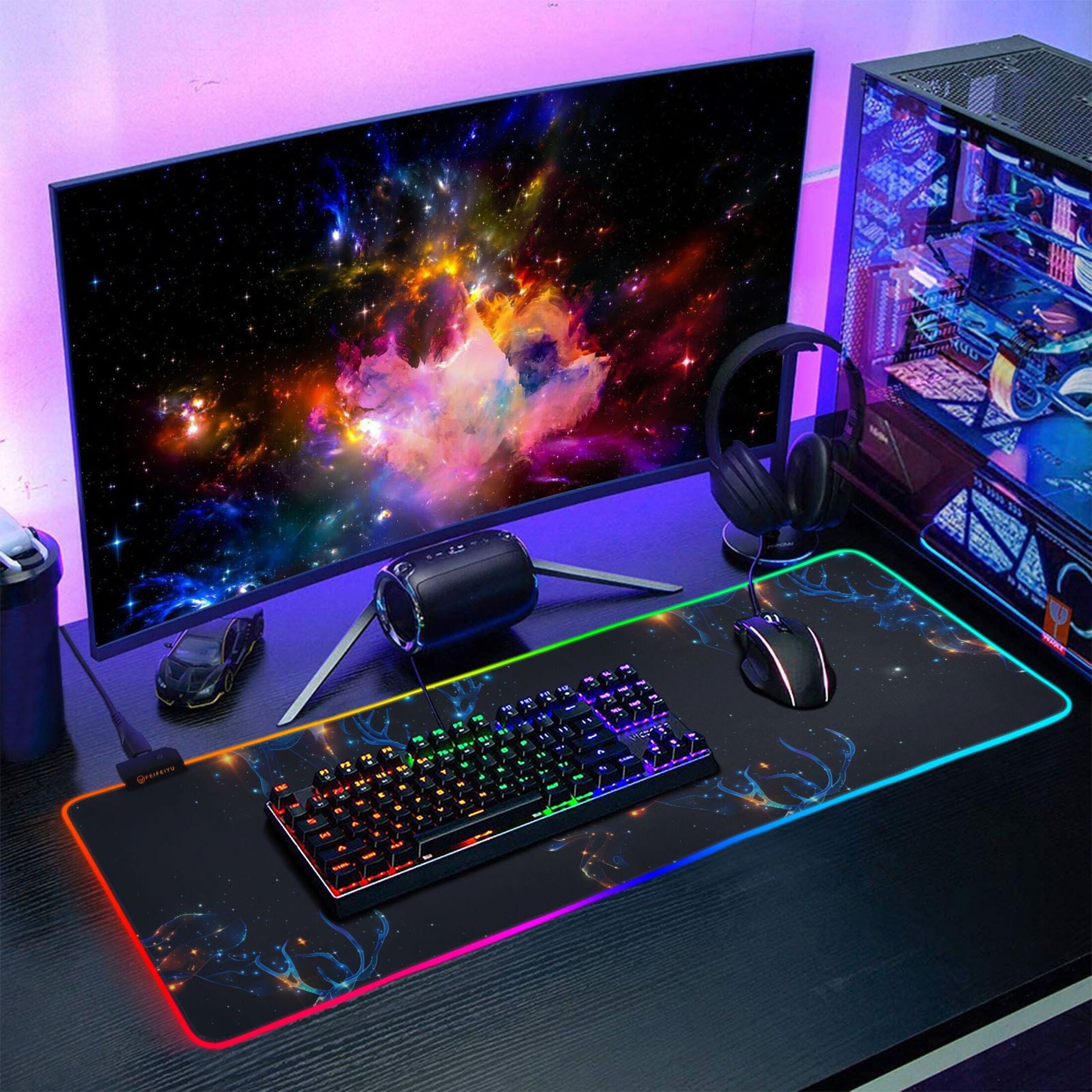 Large RGB Gaming Mouse Pad Led Glowing Mousepad Non-Slip Rubber Base 13 Light Modes 35.4x15.7 Starry Sky Color Deer