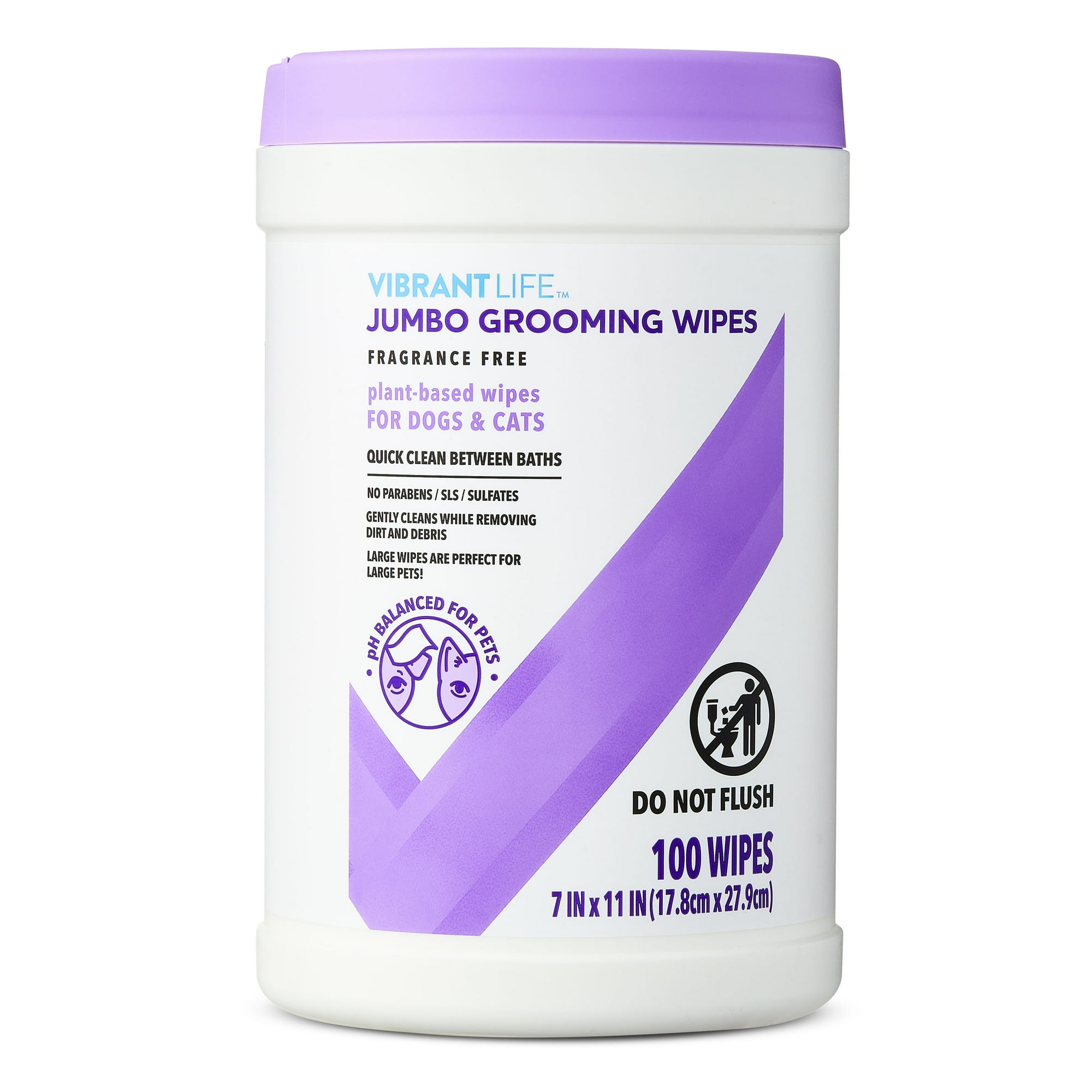 Vibrant Life Jumbo Grooming Wipes for Dogs & Cats, Fragrance Free, 100 Count