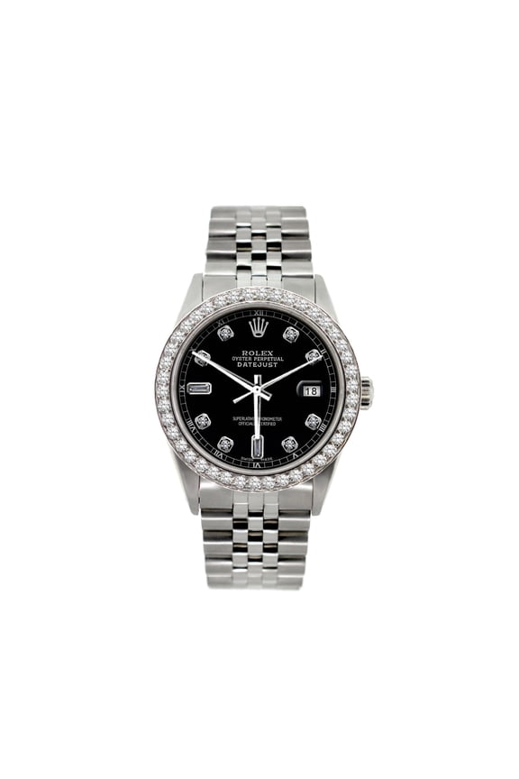 Pre-Owned Rolex Datejust 36MM 16200 Black Diamond Dial Diamond Bezel Stainless Steel Jubilee Bracelet 1.2ct