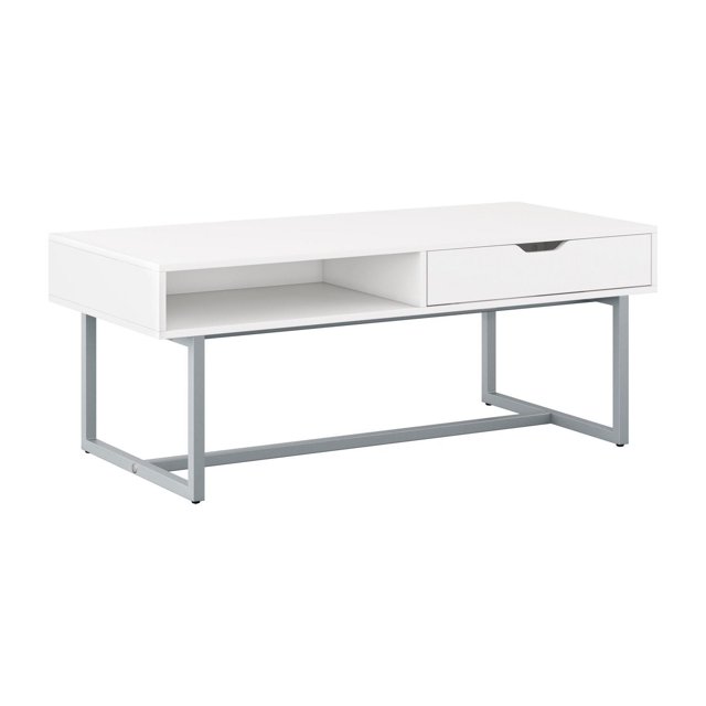 Table basse d'intérieur CorLiving Auston en bois d'ingénierie et acier avec 1 tiroir et compartiment, blanc