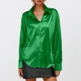 thumbnail image 2 of xia,Satin Long Sleeve Shirts for Women,Womens Plus Size Loose Fit Button down Blouses,Women's V Neck Lapel Collared Loose Fit Irregular Hem Tops Green1 L, 2 of 4
