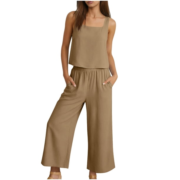 Mujer Pantalones Casual Dos Piezas Conjunto Cuello Redondo Blusa sin Mangas con Pantalones de Bolsillo de Ajuste Suelto, Vestuario de Verano