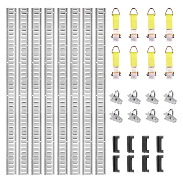 VEVOR E Track Tie-Down Rail Kit, 24PCS 5' E-Tracks set with 8 steel rails, 8 O-ring anchors, and 8 tie-offs with D-ring. Designed for automotive repair equipment, it secures cargo, motorcycles, and bikes with a 2000 lbs load capacity. Made of stainless steel with anti-cut edges and rust-resistant coating, the 5-foot rails feature 30 slots for customization. Ideal for garages, trailers, and utility rooms.