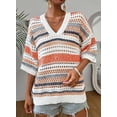 thumbnail image 2 of Women’s Crochet Sweater Top V Neck Cap Short Sleeve Spring Summer Knit Shirt Loose Hollow Out Striped Pullover Beach Vacation Cruise Casual Fashion Clothes, 2 of 7