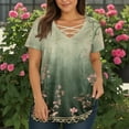 thumbnail image 4 of TQWQT Womens Plus Size Tops Sexy Summer Short Sleeve Tee Shirt Tops Floral Graphic T-Shirt V Neck Criss Cross T Shirts Large Casual Outfits for Women Green XL, 4 of 4