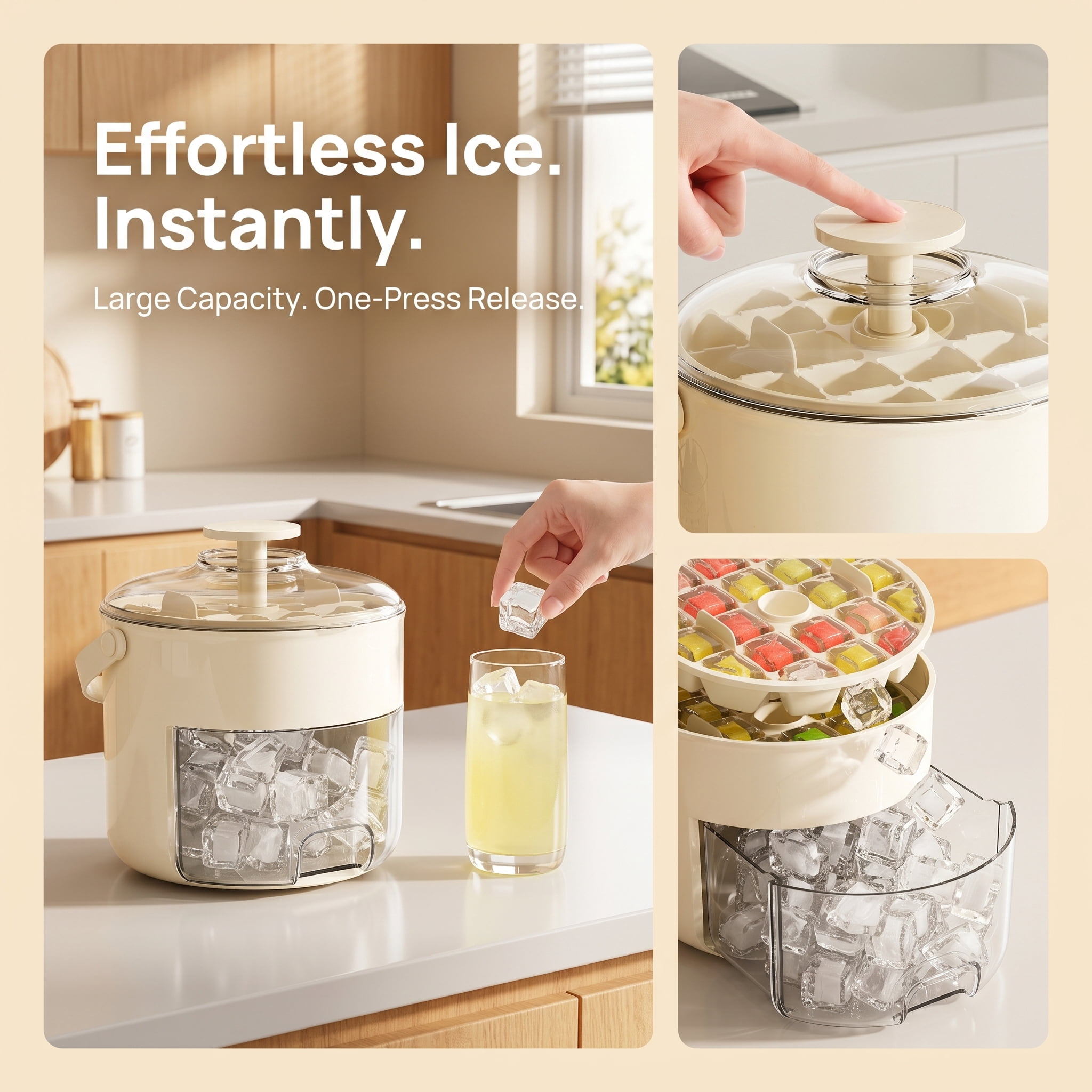 Large Capacity Ice Cube Maker with Storage Bin and Lid, 12.75x15.5x15.4cm Stackable Ice Tray for Outdoor Camping & Tailgate Parties, Arctic White