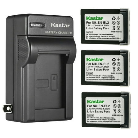 Kastar 3-Pack Battery and AC Wall Charger Replacement for Nikon EN-EL2 ENEL2 EL2 Battery Nikon MH-60 Charger Nikon Coolpix 2500 Nikon Coolpix 3500 Nikon Coolpix SQ500 Digital Cameras