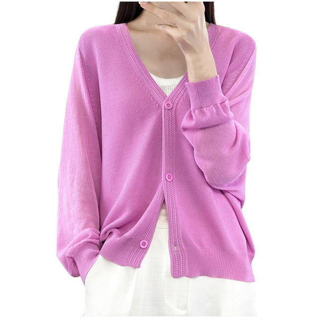 Womens Button Down Knit Cardigans Long Sleeve V Neck Casual Cardigan Sweaters Light Weight Loose Lounge Wear Fall Purple, 2XL