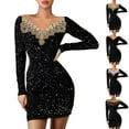 thumbnail image 3 of Women's Off-the-shoulder Sequined Lace Trim Slim Party Long Sleeve Ruffled Club Dress, 3 of 9