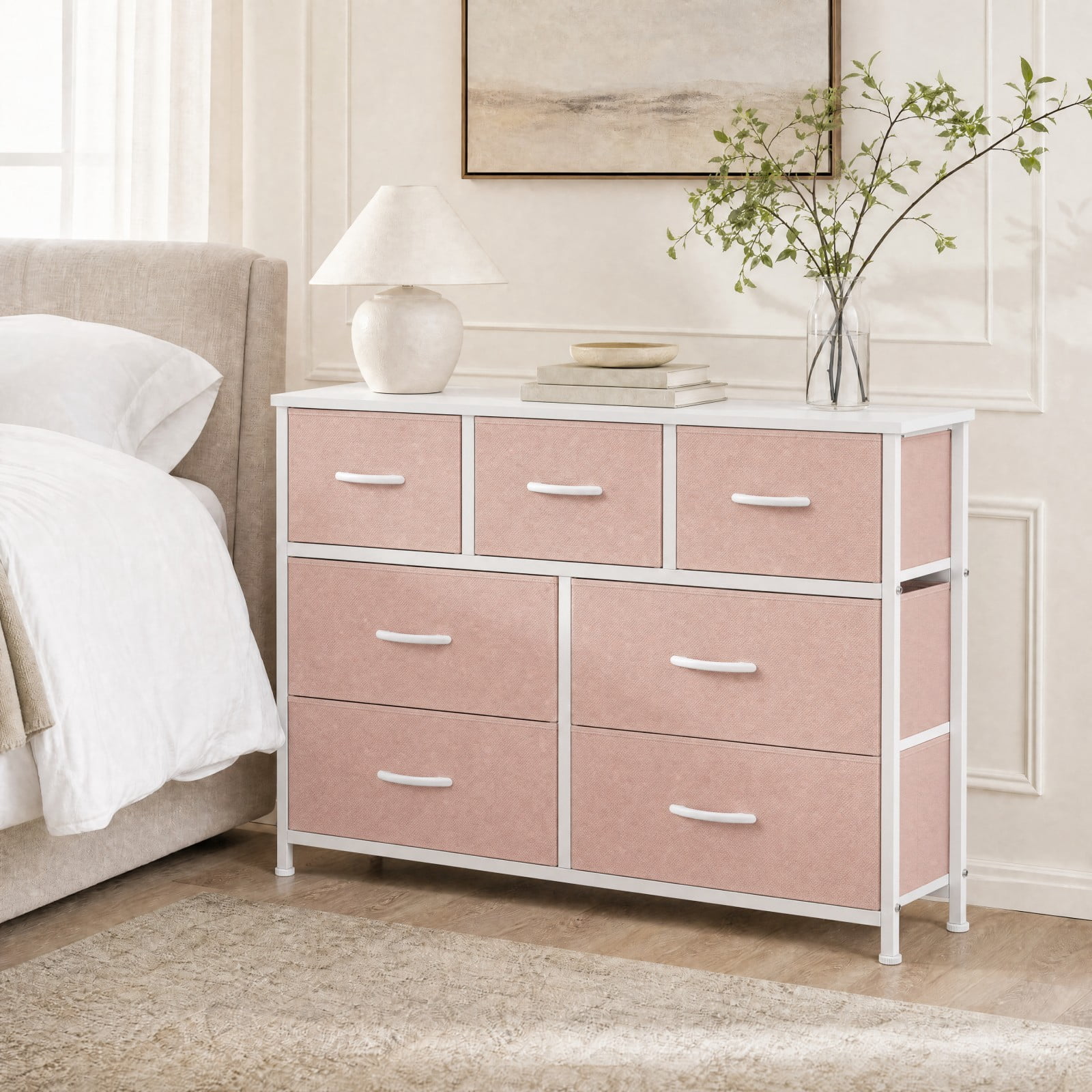 Telyra 7-Drawer Fabric Dresser TV Stand Organizer with Wood Top and Metal Frame Wide Storage Chest, Pink