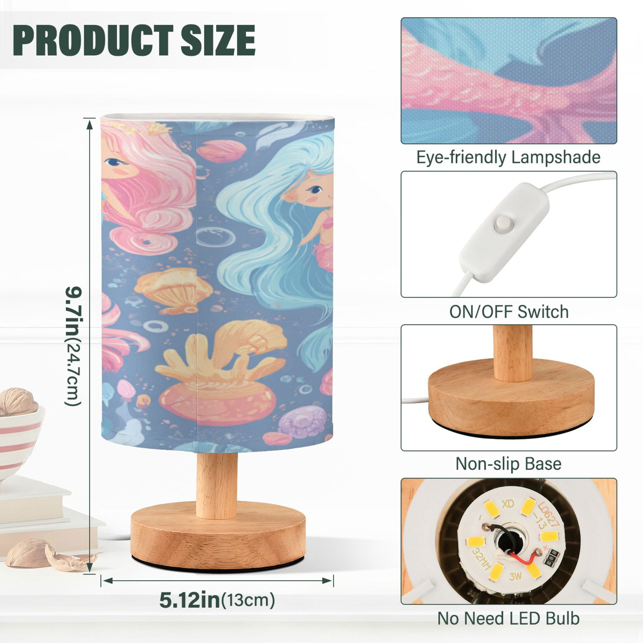 RMDQTR LED Push-Button Switch Warm-Tone Desk Lamp Plug-and-Play No Assembly Required Cute Little Mermaids