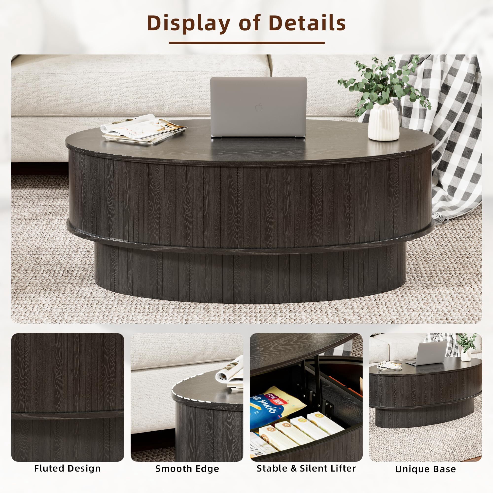 JEJEGORICH Oval Lift Top Coffee Table with Hidden Storage, 41 in Wooden Mid Century Modern Living Room Center Table, Black