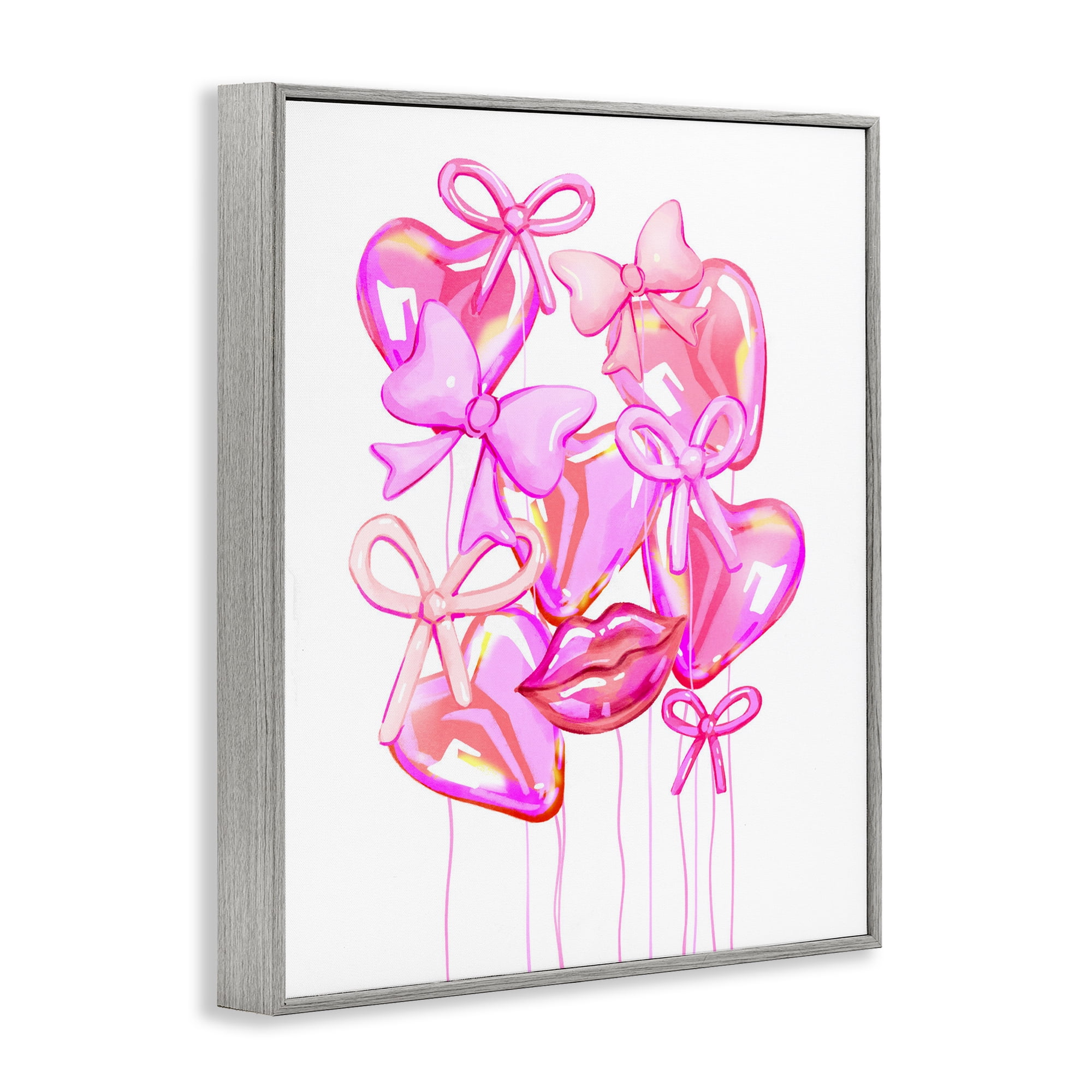 Pink Heart and Bow Balloons Gray Framed Giclee Art, design by Ziwei Li