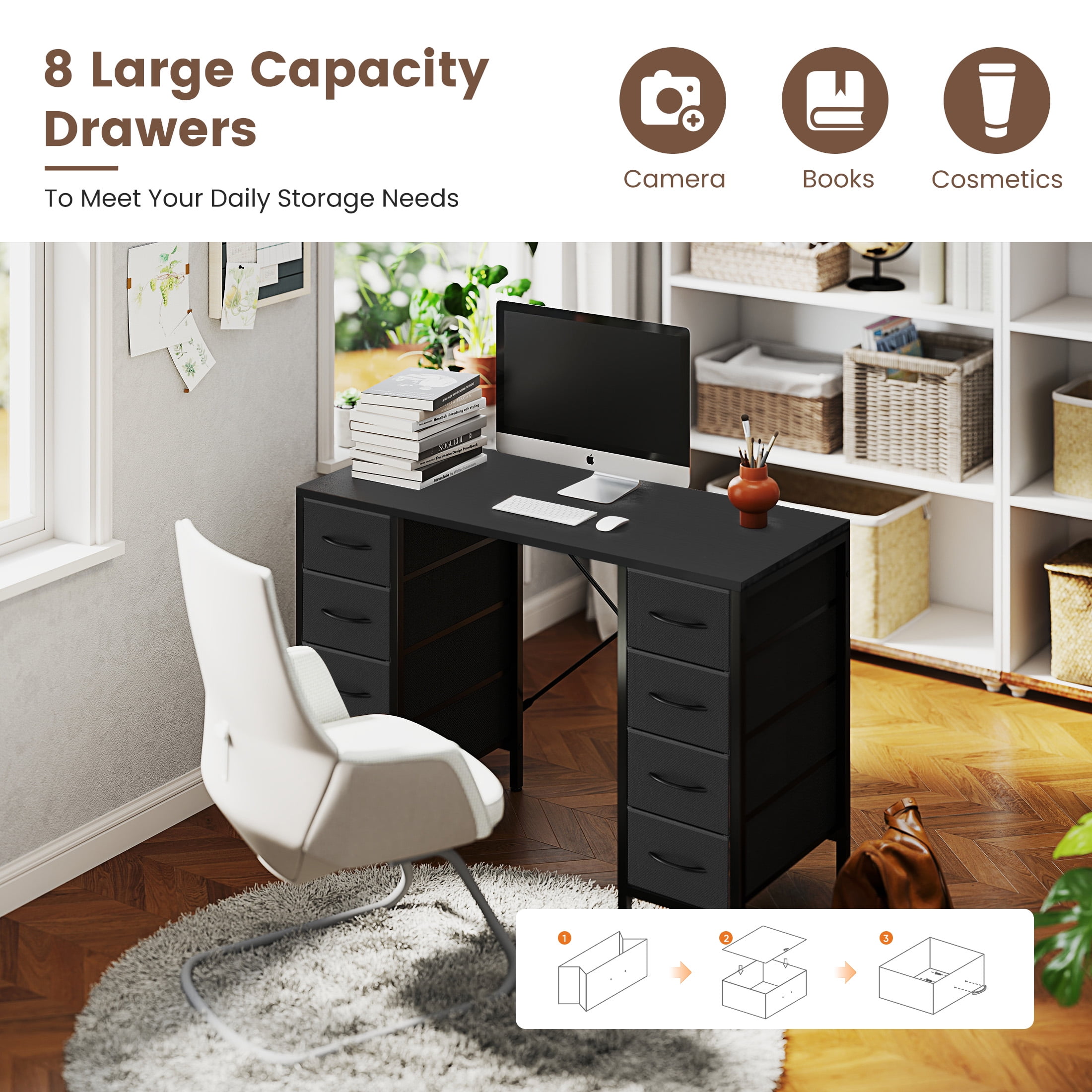 EDX 47 Inch Computer Desk with 8 Fabric Drawer, Home Office Desk with Power Outlets, Large Storage,Black