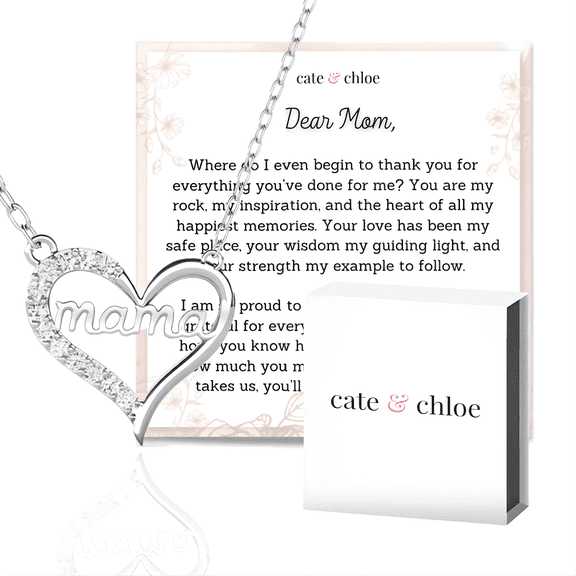 Cate & Chloe Louise 18k White Gold Plated Mama Necklace with Heartfelt Message Card, Gift for Mom