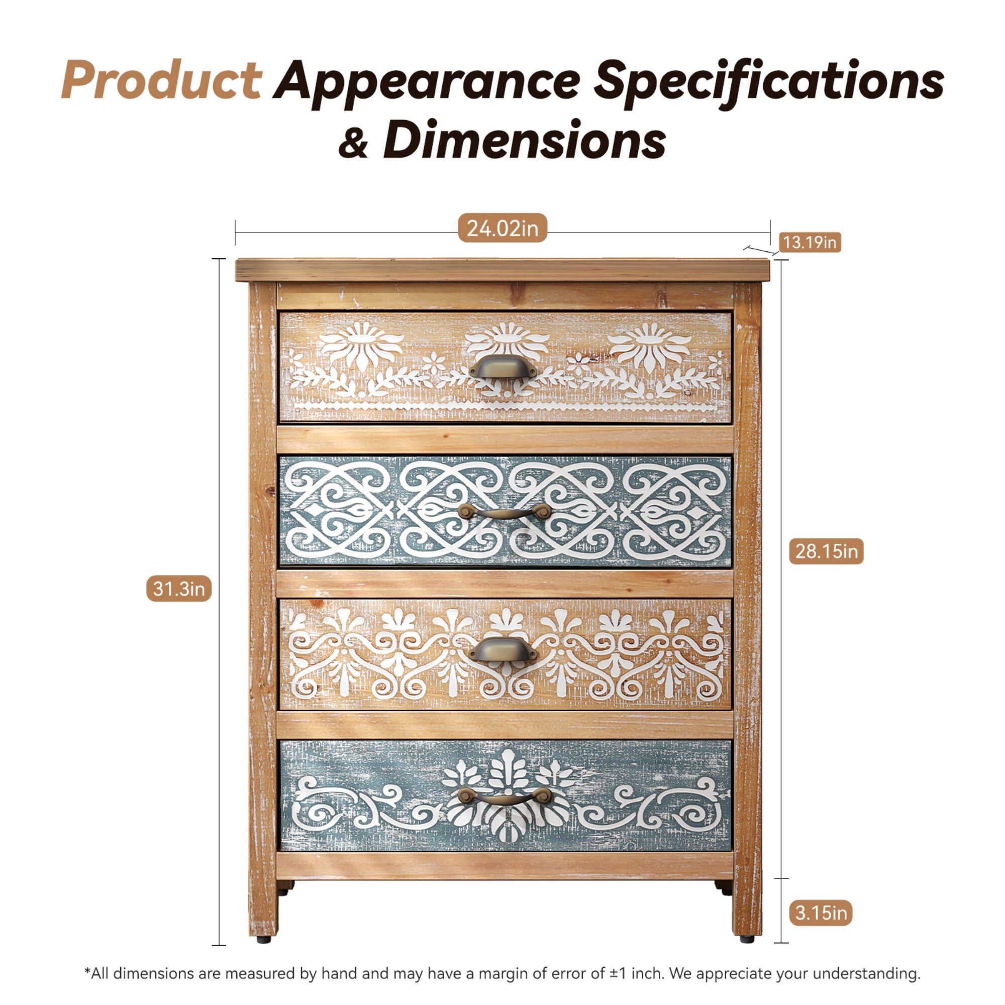 AENKYO Vintage 4-Drawer Storage Chest, Distressed Wood Accent Cabinet with Boho Floral Design, Blue & Beige