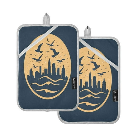 

Oven Mitts 2 Pcs Pot Holders Sets Heat Resistant Hot Pads for Kitchen Cooking Baking 7 x9.8 City Seagulls Moon Wave