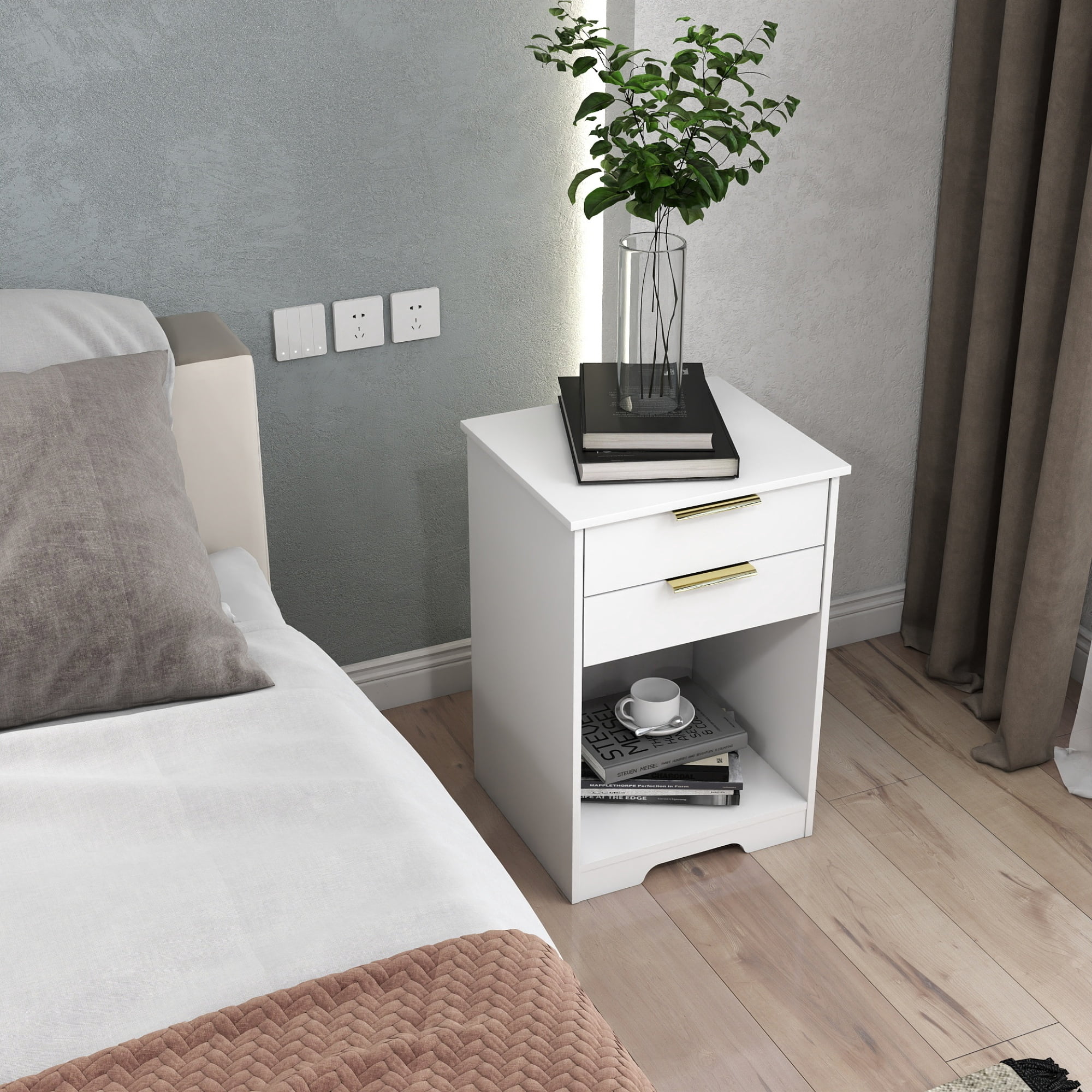 Nightstand With 2 Drawers for Bedroom,Bedside Table with Open Space & Gold Handle,End Table for Living Room,Bedroom,White