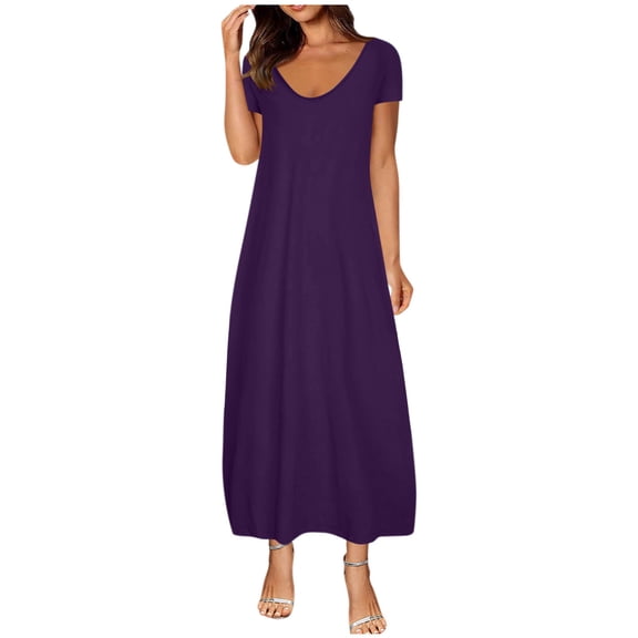 Timegard Summer Casual Maxi Dresses for Women V Neck Short Sleeve Long Dresses Loose Fitting Plain Dresses S-5xl