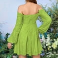 thumbnail image 4 of Lovskoo Womens 2024 Off Shoulder Summer Lace Cocktail Swing Dress Lace Up Bubble Long Sleeve Wedding Guest Party A Line Midi Dress Green, 4 of 8