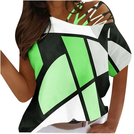 

kakina CMSX Womens Business Causal Tops Summer Crewneck Short Sleeve Love Print Strapless T-Shirt Tops Blouses Prints Tops Loose T-Shirts Green XL