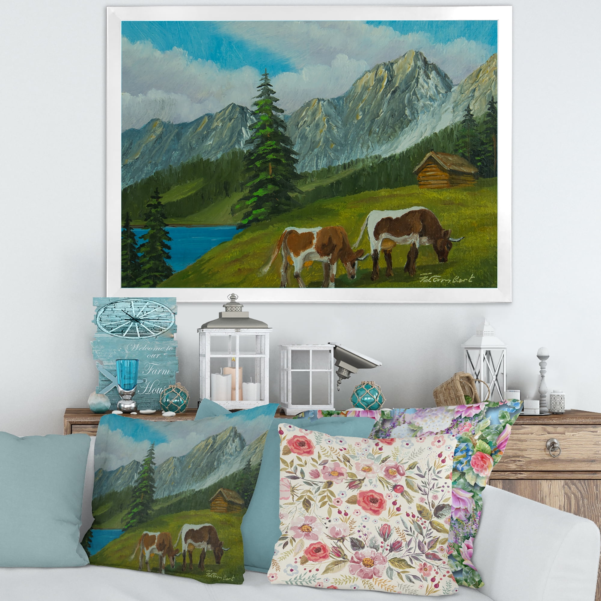 Designart 'Cows On A Green Meadow With Mountain Landscape With ' Farmhouse Framed Art Print