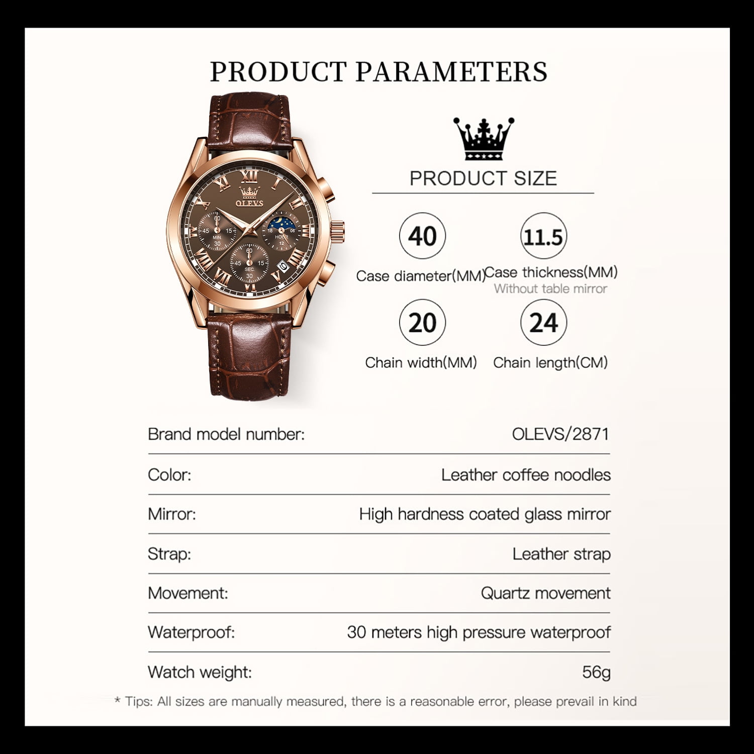 OLEVS Mens Watches Luxury Chronograph Moon Phase Waterproof Luminous Brown Leather Strap Date Rose Gold Classic Watch for Men