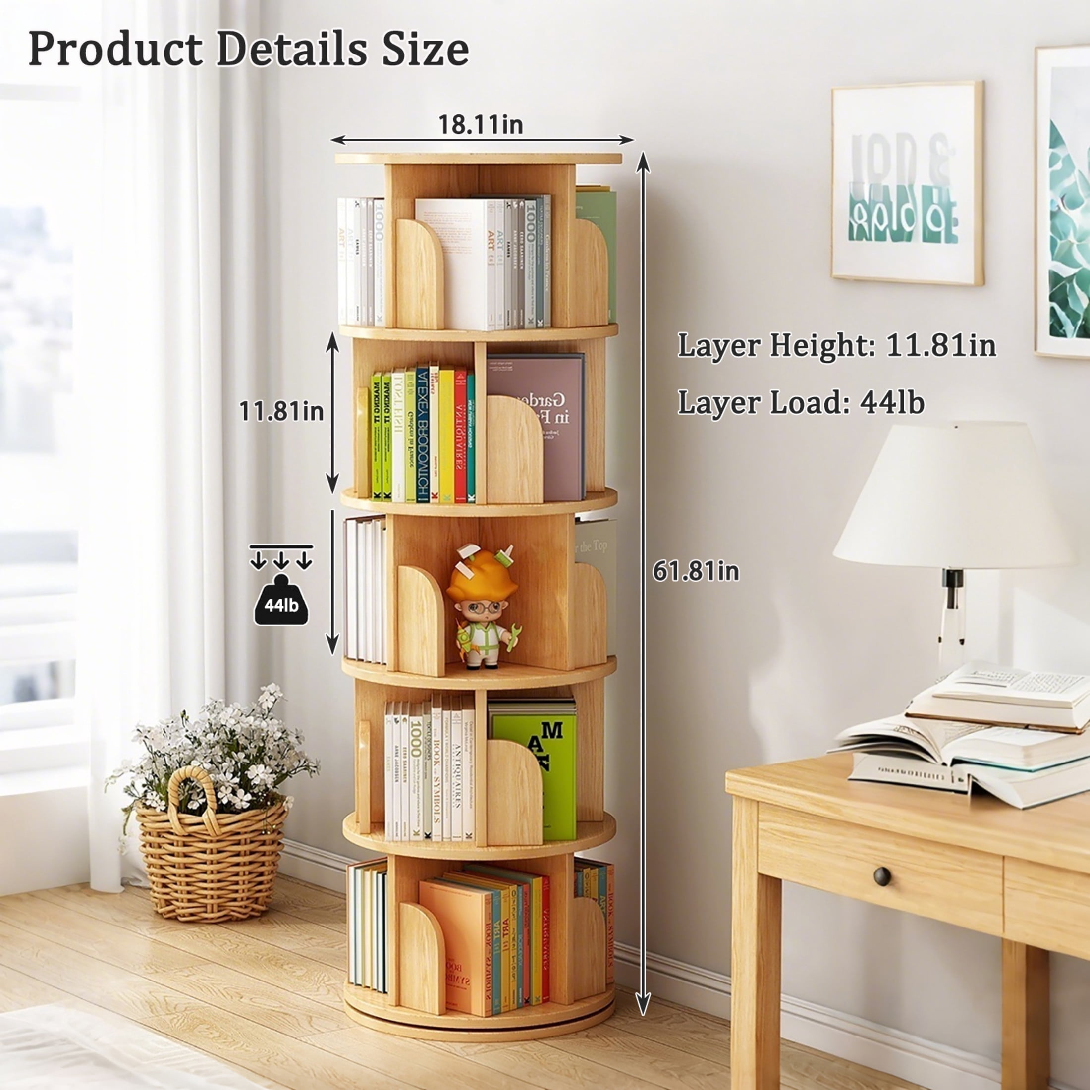 Noble House Pamela 5-Tier 360° Rotating Bookshelf, Round Display Tower, Space-Saving, for Home Office, Natural