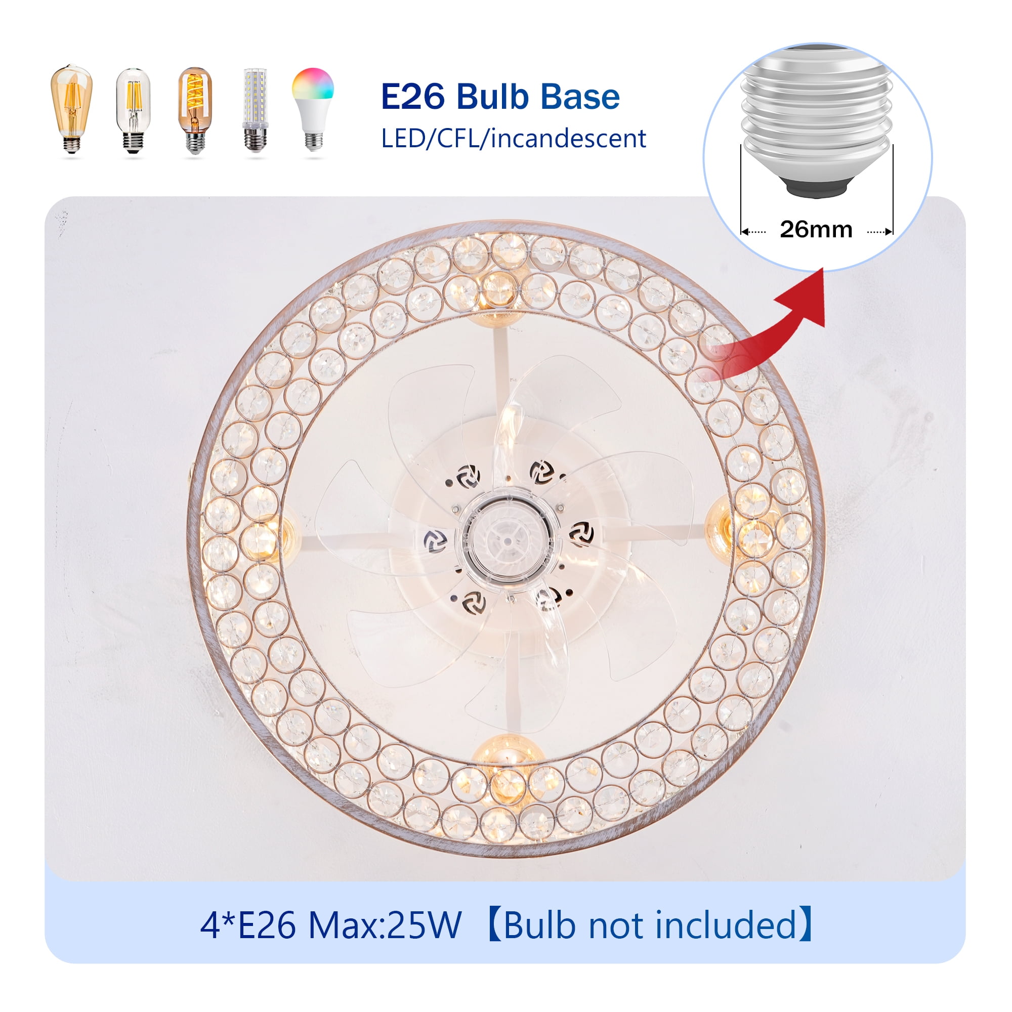 Leumius 19.6" Crystal Ceiling Fans with Light and Remote Control, Chandelier Fan 6 Speed DC Motor Reversible Ceiling Fan for Living Room Bedroom (NOT Included Bulbs)