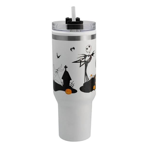 Termo Alto Doble Pared Asa y Popote, Ambient21, Jack y Sally, Capacidad 1. 2 L, Blanco
