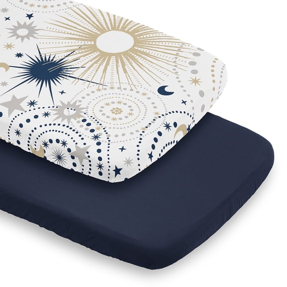 Sweet Jojo Designs Celestial Navy Blue and Gold Boy, Girl, Unisex/Gender Neutral Baby Bassinet Fitted Sheets Set 2 Piece