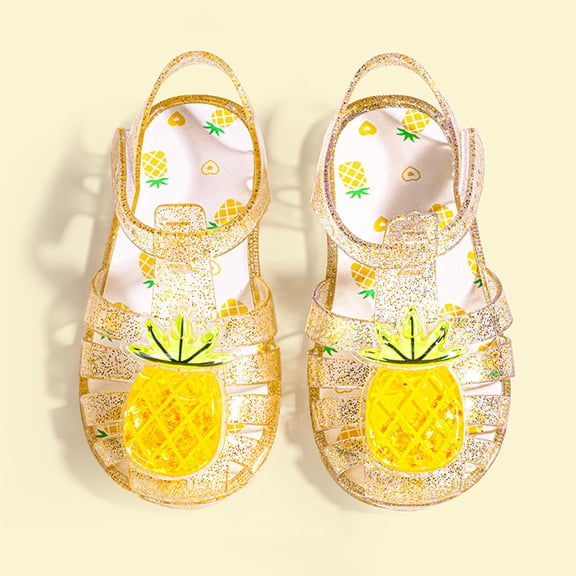 Samdudou Toddler Girl Water Shoes Kids Jelly Sandals Tropical Pineapple Charm with Sequins Magic Tape Strap Summer Vacation Footwear