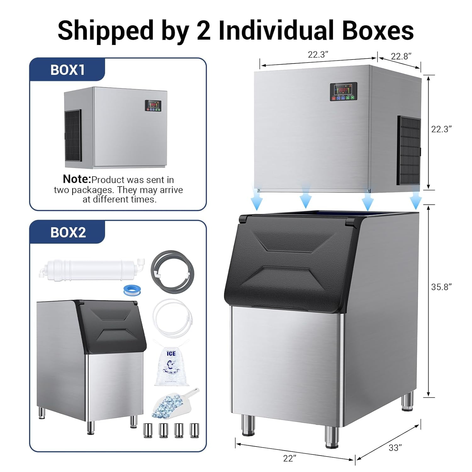Industrial Stainless Steel Ice Maker - 580LBS/24H Production, 132 Cubes in 5-15 Mins, 12 Adjustable Thickness Settings for Hotel & Restaurant Use