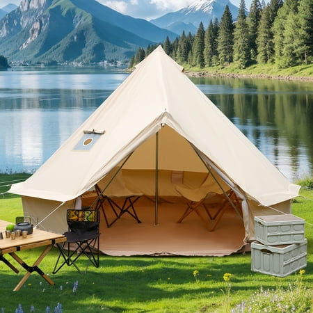 Canvas Bell Yurt Tent 4-Seasons Shelter with Stove Jack & Waterproof Luxury Camping Tent for Family Outdoor Adventures 4-6 Person Use