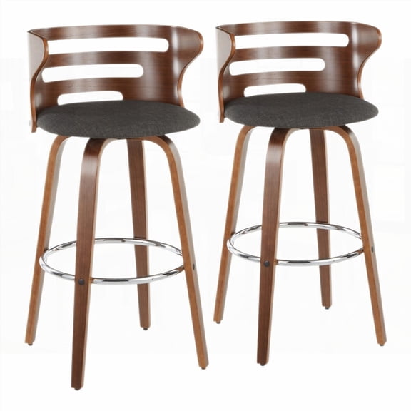 Set of 2 Mid-Century Modern Barstools with Walnut Wood & Charcoal Fabric - 360° Swivel