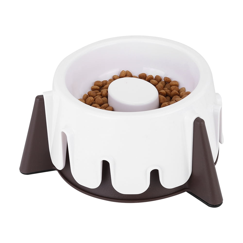 Yajisi Pet Dog Cat Slow Food Feeder Bowl Cake Shape Design Wet and Dry Use Five Adjustable Height Modes to Protect Pet Spine Durable Plastic Construction White and Brown Colors 7.56 inches / 19.2 cm