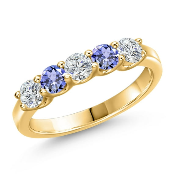Gem Stone King 18K Yellow Gold Plated Silver Lab Grown Diamond and Blue Tanzanite Wedding-Bands Ring for Women | 0.87 Cttw | Round 3.5MM | Gemstone April Birthstone | Size 8